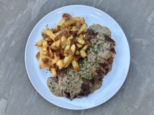 Steak Frites with Peppercorn Sauce